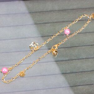 "Rose Gold Anklet with Pink Beads & Flower Charm, XPAL1168